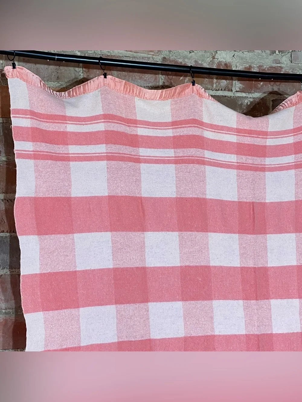 Vintage Pink White Plaid Wool Camp Blanket 61” x 79” Satin Edge